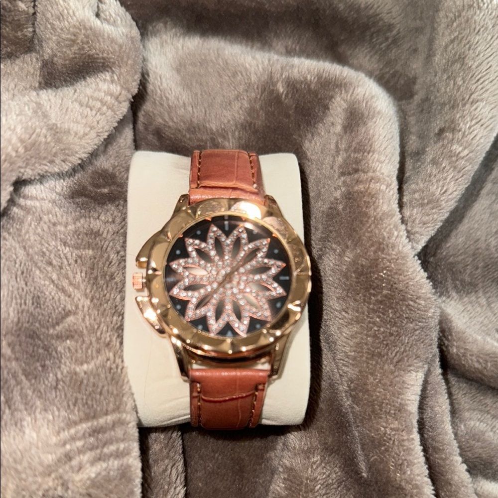 Rose Gold Starburst Watch with Brown Leather Strap